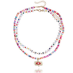 Mixed-color soft clay Bohemian Alphabet Colorful Clay Evil Eye Baroque Pearl Necklace for Women
