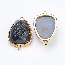 Black Electroplate Natural Druzy Agate Links connectors, with Golden Tone Brass Finding, teardrop, Black, 27x17x8mm, Hole: 2mm