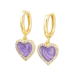 Orchidéeée Foncé Boucles d'oreilles créoles pendantes en laiton serties de micro-pavés de zirconiums cubiques, cœur, avec l'émail, sans plomb et sans cadmium, crémaillère plaquage, plaqué longue durée, réel 18 k plaqué or, orchidée noire, 28x12mm