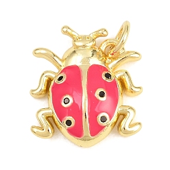 Ярко-Розовый Латунные микропаве прозрачные подвески с фианитом, с эмалью, Подвески в виде жука/божьей коровки, долговечный, стойки покрытие, без свинца и без кадмия, реальный 18 k позолоченный, ярко-розовый, 15.5x14x4 мм, отверстие : 3.5 мм