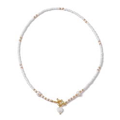 White Natural Pearl Heart Pendant Necklace, with Glass Seed Beaded, White, 17.76 inch(45.1cm)