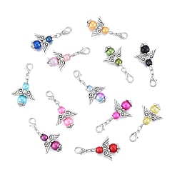 Mixed Color Alloy Angel Pendant Decoration, with CCB Imitation Pearl Beads, Lobster Clasp Charms, Clip-on Charms, for Keychain, Purse, Backpack Ornament, Stitch Marker, Mixed Color, 3.8cm, 1pc/color, 12 colors, 12pcs/bag