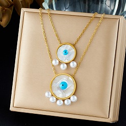Oro 304 Collares de doble capa con colgante de ojo turco azul de acero inoxidable y acrílico para mujer, con perlas de imitación, blanco, dorado, 16.14 pulgada (41 cm)