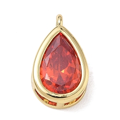 Naranja Rojo Latón pavimenta colgantes de circonio cúbico, encantos de lágrima, encantos de una sola piedra, larga duración plateado, chapado en rack, sin plomo y el cadmio, real 18 k chapado en oro, rojo naranja, 17x10x5 mm, agujero: 1.6 mm