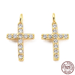 Real 18K Gold Plated 925 Sterling Silver Micro Pave Cubic Zirconia Charms, Cross, Real 18K Gold Plated, 10.5x6x3mm, Hole: 1.2mm