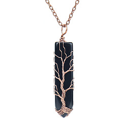 Obsidian Natural Obsidian Bullet Copper Wire Wrapping Pendant Necklaces, Cable Chain Necklace, 20-7/8 inch(53cm)