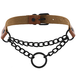 (light brown) with black circle Dark Punk Leather Collar Necklace with Round Rings and Chain for Street Style