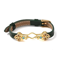Темно-Зеленый Регулируемый браслет из коровьей кожи для изготовления бусин, с фурнитурой в виде цветов из латуни, инкрустированной микрофиброй и синтетическим бирюзовым камнем, и застежками из нержавеющей стали., золотые, темно-зеленый, пригодный для 304 мм бусы, 11 дюйм (9.61 см)