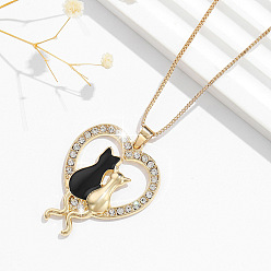 Oro Collares de mujer con colgante de corazón de aleación esmaltada y pareja de gatos., negro, dorado, 17.72 pulgada (45 cm)