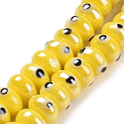 Yellow Handmade Procelain Beads Strands, Abacus with Evil Eyes, Yellow, 8.5x5mm, Hole: 1.5mm, about 55pcs/strand, 11.57''(29.4cm)