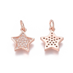 Rose Gold Brass Micro Pave Clear Cubic Zirconia Charms, with Jump Rings, Star, Rose Gold, 12x10x2mm, Jump Ring: 5x0.7mm, Inner Diameter: 3.6mm