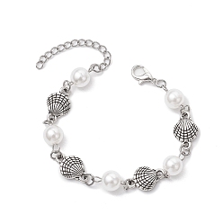 Античный Серебристый & Платиновый Браслеты из сплава в форме ракушки серии Ocean, АБС-пластик имитация жемчуга круглые бусины браслеты для женщин, старинное серебро и платина, 6-1/2 дюйм (16.5 см)