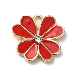 Red Flower Alloy Enamel Pendants, with Rhinestone, Light Gold, Red, 19x19.5x3mm, Hole: 4x2.5mm
