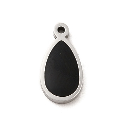 Black 304 Stainless Steel Enamel Charms, Teardrop Charm, Stainless Steel Color, Black, 13x6.5x1.4mm, Hole: 1mm