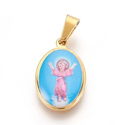 Sky Blue 304 Stainless Steel Pendants, Oval with Divine Child Jesus, Golden, 21x13x2.5mm, Hole: 4x6mm