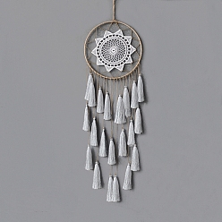 Silver Iron Bohemian Woven Web/Net with Feather Pendant Decorations, with Tassel for Home Bedroom Hanging Decorations, Silver, 830x200mm