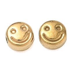 Real 18K Gold Plated 304 Stainless Steel Beads, Flat Round & Smiling Face, Ion Plating(IP), Real 18K Gold Plated, 6x3.5mm, Hole: 1.3mm