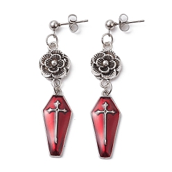 Red Tibetan Style Alloy Enamel Flower with Cross Dangle Earrings, Halloween Theme Long Drop Earrings for Women, Red, 55x12mm