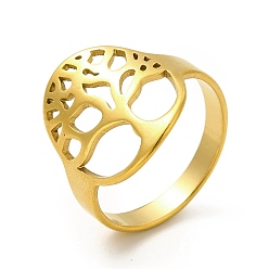 Golden Ion Plating(IP) Tree of Life 201 Stainless Steel Finger Rings, Hollow Out Wide Band Rings for Women, Golden, US Size 6(16.5mm), Tree: 16.5x13.5mm