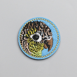 Deep Sky Blue Flat Round with Parrot Computerized Embroidery Cloth Iron on/Sew on Patches, Costume Accessories, Appliques, Deep Sky Blue, 42mm