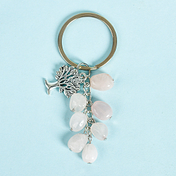 Rose Quartz Natural Rose Quartz Keychains, with Alloy Tree of Life Charms and Keychain Ring Clasps, 83mm