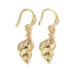 Golden Colorful Cubic Zironia Conch Shape Dangle Earrings, Rack Plating Brass Jewelry for Women, Golden, 41mm, Pin: 0.8mm