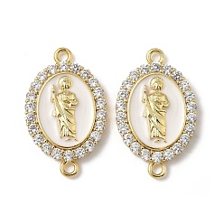 Белый Латунный микропаве прозрачный кубический цирконий эмалированный овал с подвесками-соединителями Saint Jude, реальный 18 k позолоченный, стойки покрытие, без свинца и без кадмия, долговечный, белые, 27x16.5x4 мм, отверстие : 1.8 мм