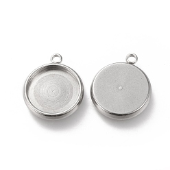 Stainless Steel Color 304 Stainless Steel Pendant Cabochon Settings, Flat Round, Stainless Steel Color, Tray: 12mm, 17x15x3mm, Hole: 1.8mm