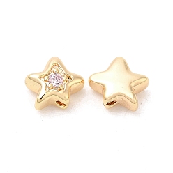 Pink Brass Cubic Zirconia Beads, Star, Real 18K Gold Plated, Pink, 7x8x4mm, Hole: 1mm