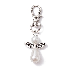 White Angel ABS Plastic Imitation Pearl Pendant Decorations, with Alloy Swivel Lobster Claw Clasps, White, 63.5mm