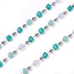 Dark Cyan Handmade Glass Beaded Chains, Soldered, with Brass Findings, with Spool, Long-Lasting Plated, Real Platinum Plated, Cube, Dark Cyan, 2.3~2.8x2.3~2.8x2.3~2.8mm, 2mm, about 32.8 Feet(10m)/roll
