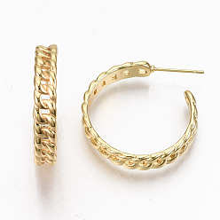 Real 18K Gold Plated Brass Half Hoop Earrings, Stud Earring, Nickel Free, Curb Chain Shape, Real 18K Gold Plated, 27x26x5mm, Pin: 0.7mm