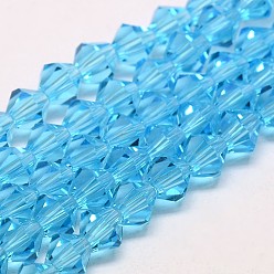 Deep Sky Blue Imitate Austrian Crystal Bicone Glass Beads Strands, Grade AA, Faceted, Deep Sky Blue, 5x5mm, Hole: 1mm, about 59pcs/strand, 11 inch