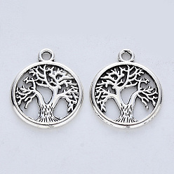 Antique Silver Tibetan Style Alloy Pendants, Cadmium Free & Lead Free, Flat Round with Tree of Life, Antique Silver, 18.5x15.5x1.5mm, Hole: 1.6mm, about 588pcs/500g