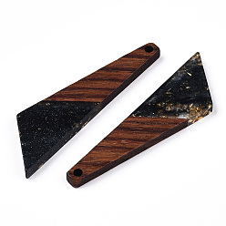 Black Transparent Resin & Walnut Wood Pendants, with Gold Foil, Quadrilateral Charms, Black, 49x13x3.5mm, Hole: 2mm