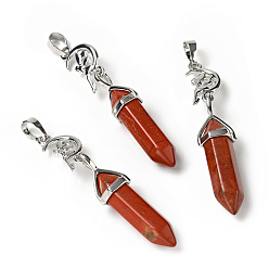 Red Jasper Natural Red Jasper Double Terminated Pointed Big Pendants, with Platinum Tone Brass Findings, Cadmium Free & Lead Free, Moon with Fairy & Bullet, Faceted, 62~66mm