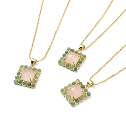 Rose Quartz Natural Rose Quartz & Green Aventurine Rectangle Pendant Necklace, Real 18K Gold Plated Brass Jewelry, 17.48~17.68 inch(44.4~44.9cm)