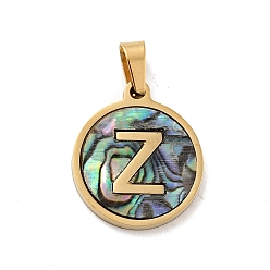 Letter Z Vacuum Plating 304 Stainless Steel with Paua Shell Pendants, Golden, Flat Round with Letter Charm, Letter.Z, 18x16x1.5mm, Hole: 3x6mm