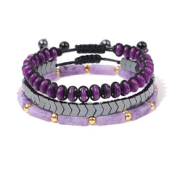 FK1487 Natural Rectangle Amethyst Bracelet with Black Onyx Beaded Wheel and Braided Set for Men