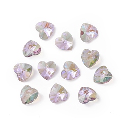 Flamingo Transparent Faceted Glass Charms, Heart, Flamingo, 14x14x7.5mm, Hole: 1.6mm