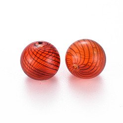 FireBrick Transparent Handmade Blown Glass Globe Beads, Stripe Pattern, Round, FireBrick, 14.5~16mm, Hole: 1~2mm