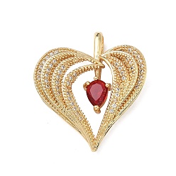 Красный Латунные микро проложить кубического циркония подвески, сердце прелести, реальный 16 k позолоченный, красные, 34x31x7.5~8.5 мм, отверстие : 4.5x5 мм