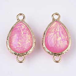 Hot Pink Epoxy Resin Links connectors, with Brass Findings, Imitation Opal Style, teardrop, Golden, Hot Pink, 21~22x11~12x6~7mm, Hole: 1.5mm