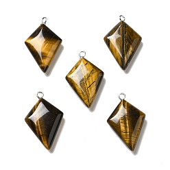 Tiger Eye Natural Tiger Eye Pendants, Kite Charms, with Stainless Steel Color Tone Stainless Steel Loops, 28x18x6~7mm, Hole: 2mm