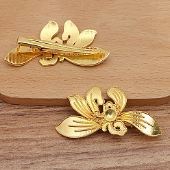 Golden Alloy Alligator Hair Clips Findings, Round Bead & Enamel Settings, with Iron Clips, Orchid Flower, Golden, 55x29mm, Fit for 5mm Beads