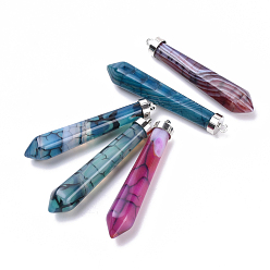 Crackle Agate Natural Crackle Agate Big Pointed Pendants, with Alloy Findings, Bullet, Dyed, Platinum, 54~56x11x10mm, Hole: 1.5mm
