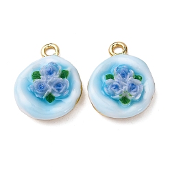 Небесно-голубой Подвески из эмалевого сплава легкого золота, плоские круглые подвески с цветочками из смолы, стойки покрытие, голубой, 24.5x19.5x8 мм, отверстие : 2.5 мм