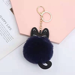 Midnight Blue Faux Fur Cat Pendant Keychain, Cute Kitten Golden Tone Alloy Key Ring Ornament, Midnight Blue, 8cm