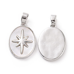 Platinum Brass Shell Pendants, Oval with Star Charms, Platinum, 19.5x14x2.5mm, Hole: 3x5mm