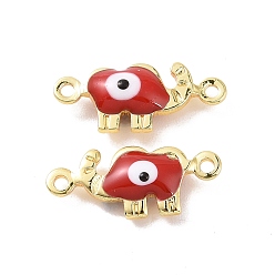 Red Brass Enamel Connector Charms, Real 18K Gold Plated, Elephant with Evil Eye Pattern, Red, 6x14.5x3mm, Hole: 1mm